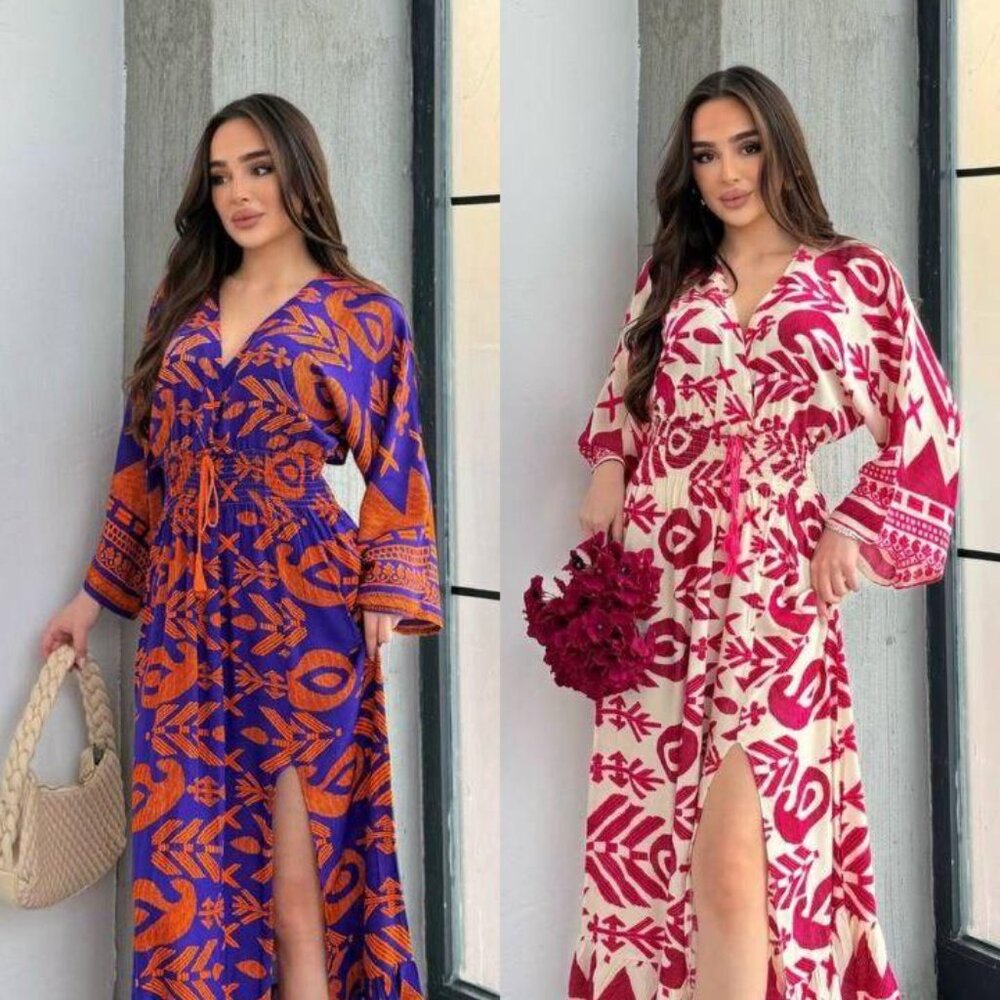 Women's Floral Maxi Dress Stylish Long Sleeve V-Neck Design - S, M, L, XL
